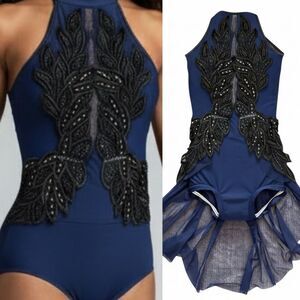 Custom navy blue Dance Costume embellished rhinestoned lyrical dress adult SA